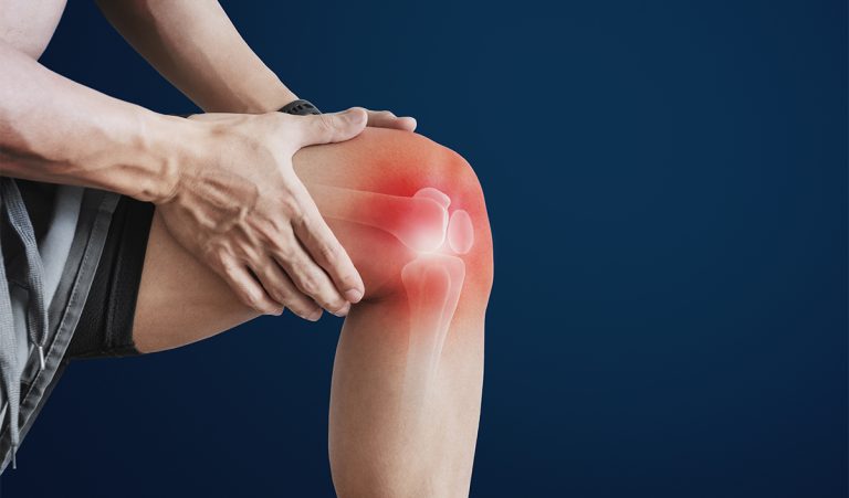 Joint pain, Arthritis and tendon problems. a man touching nee at