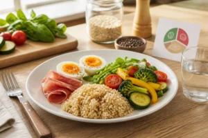 Assiette équilibrée d’alimentation protéinée pour sportifs, avec œufs, charcuterie modérée, légumes colorés et céréales complètes.