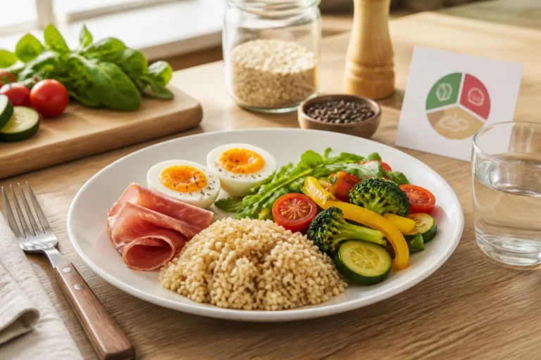Assiette équilibrée d’alimentation protéinée pour sportifs, avec œufs, charcuterie modérée, légumes colorés et céréales complètes.