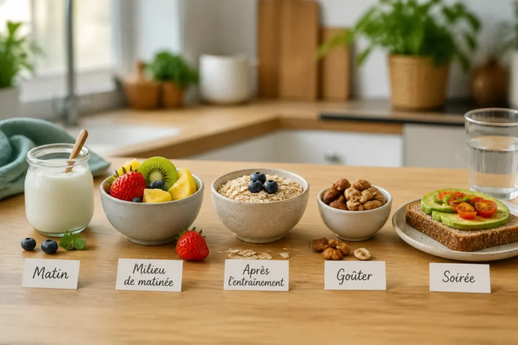 Alimentation pour sportif : collations saines avec fruits, yaourt, avoine, noix et tartine complète pour mieux récupérer