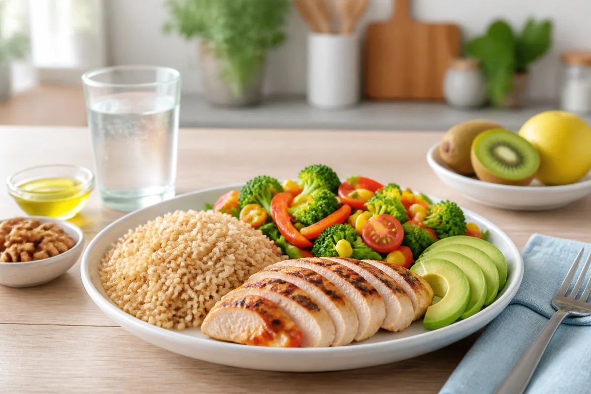 Assiette équilibrée pour une alimentation pour sportif, avec riz complet, poulet grillé, légumes colorés, avocat et fruit