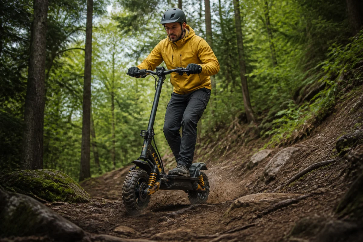 Bien choisir sa trottinette électrique tout terrain sur un chemin forestier accidenté, avec pneus à crampons et double suspension