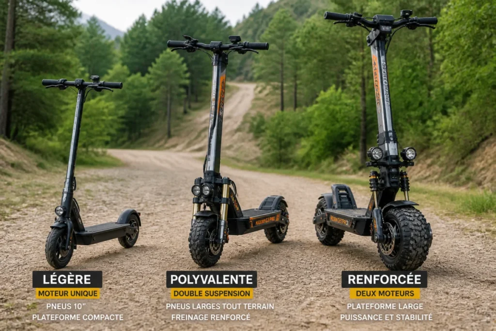 Trois trottinettes électriques tout terrain comparées sur un chemin forestier, de la plus légère à la plus robuste