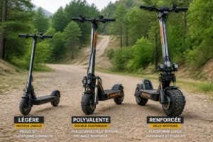 Trois trottinettes électriques tout terrain comparées sur un chemin forestier, de la plus légère à la plus robuste