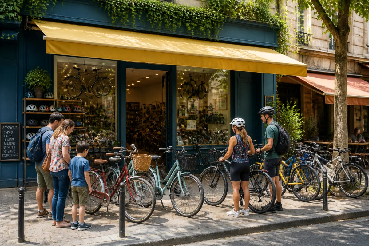 Devanture de Cool Bike à Bordeaux proposant vélos urbains, électriques et tout-terrain, visitée par une famille et des cyclistes.