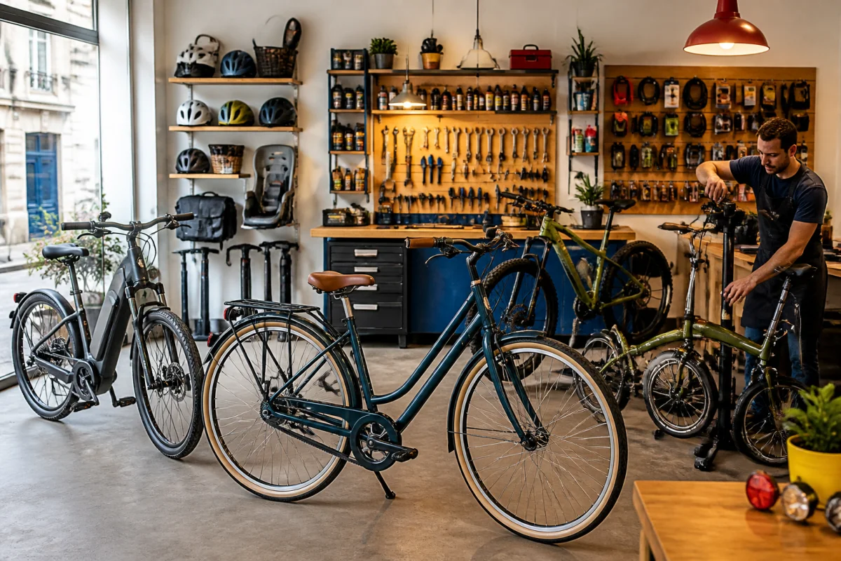 Atelier Cool Bike à Bordeaux présentant vélos urbain, électrique, VTT et pliant autour d’un réparateur.