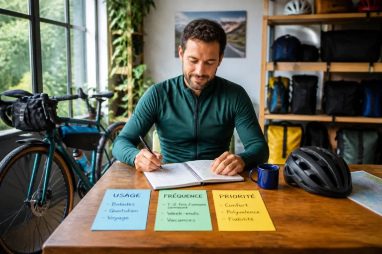 Cycliste préparant son projet vélo chez Cycles Delcayre, avec vélo, carnet et notes sur l’usage, la fréquence et les priorités.