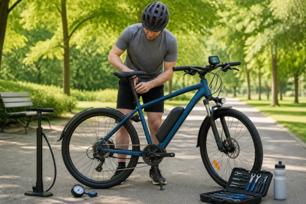 Cycliste débutant ajustant la selle de son vélo dans un parc avant un entraînement vélo pour débutants