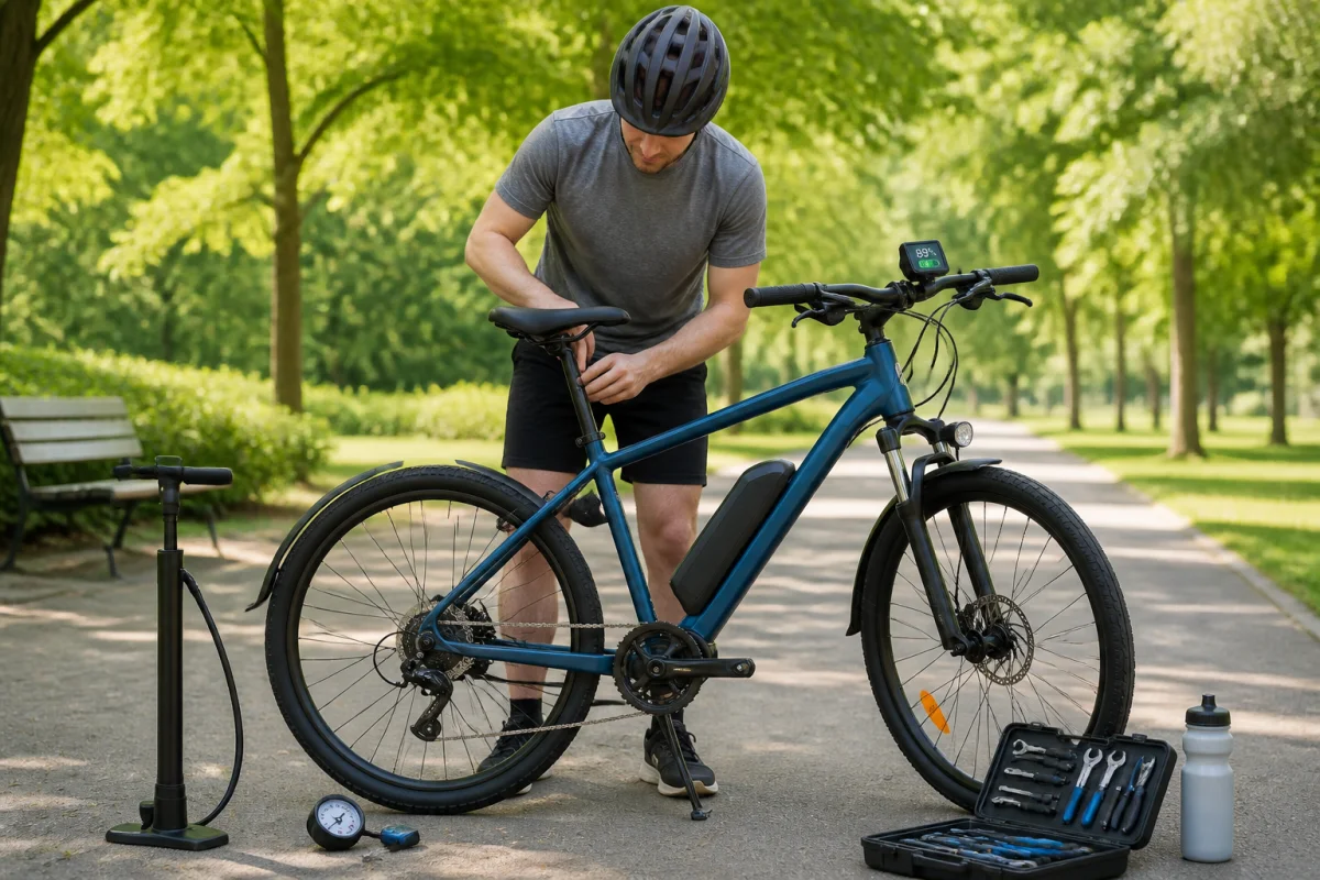 Cycliste débutant ajustant la selle de son vélo dans un parc avant un entraînement vélo pour débutants