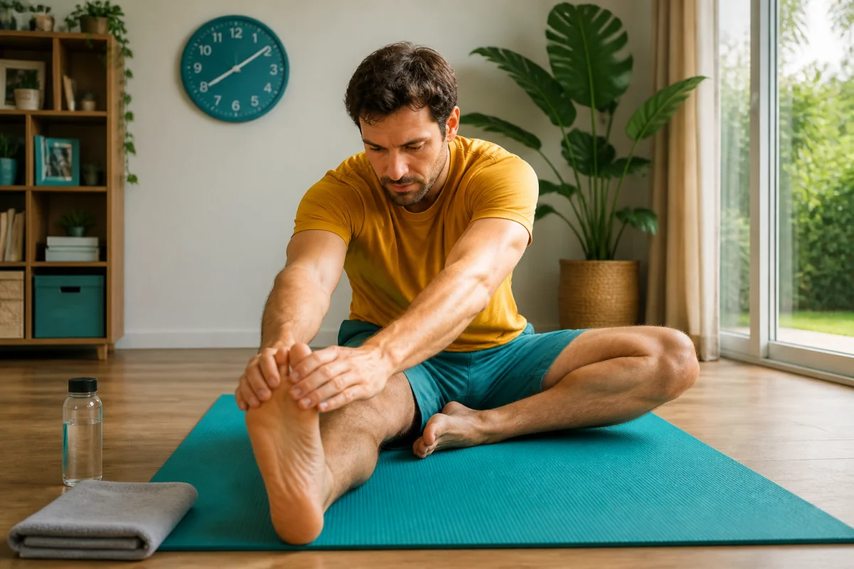 Sportif réalisant des étirements après le sport, assis sur un tapis, dans un salon lumineux aménagé pour l’entraînement