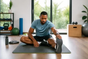 Personne en tenue de sport réalisant des étirements après le sport dans une salle lumineuse et apaisante