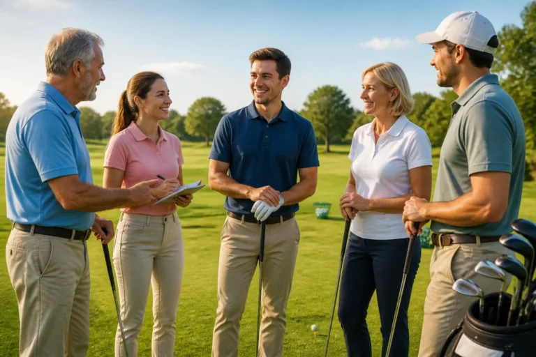 Golfeur débutant échangeant avec des proches et joueurs expérimentés sur un parcours de golf verdoyant à Morte Mart