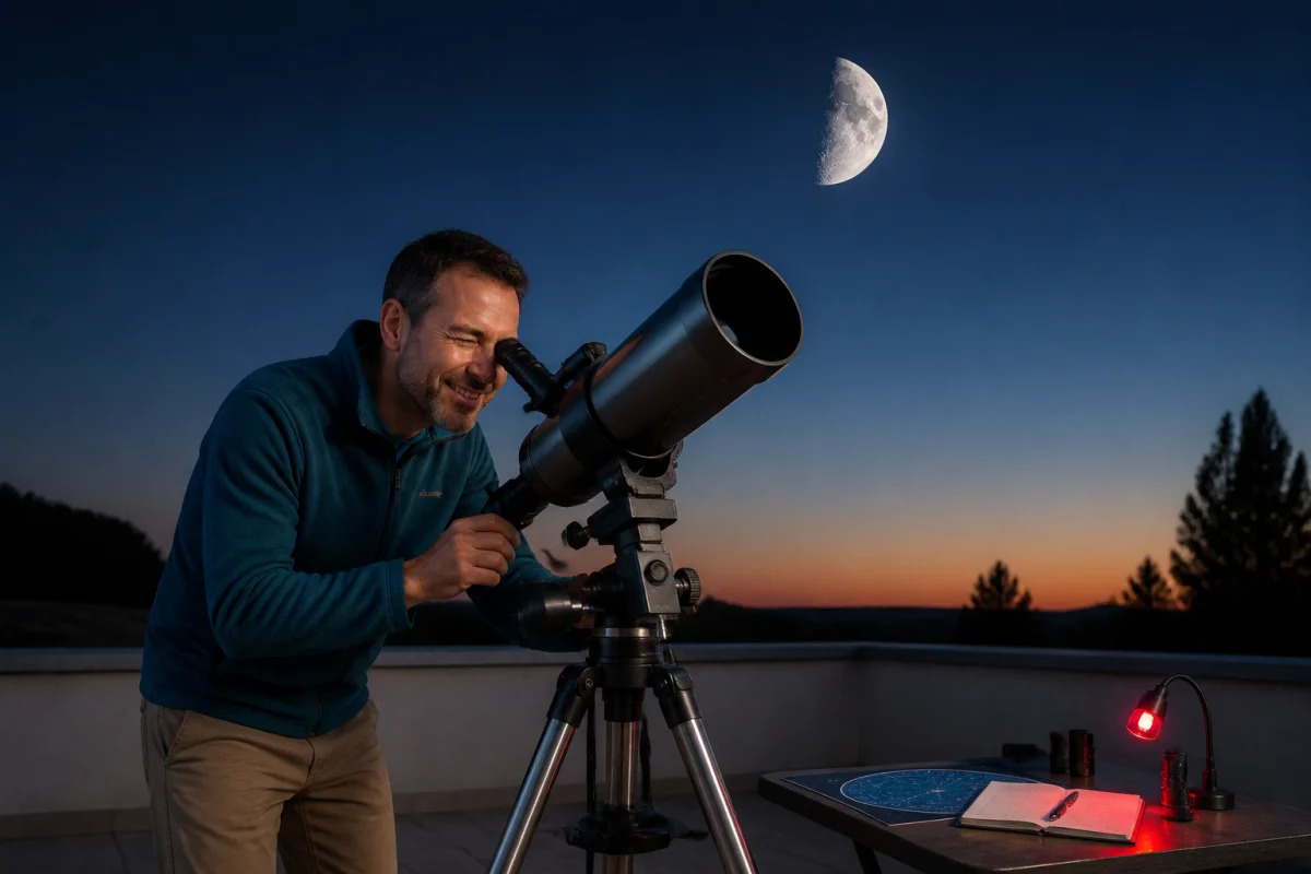 Observer la Lune au télescope au crépuscule, avec cratères visibles, carte céleste et carnet d’observation sur une terrasse.
