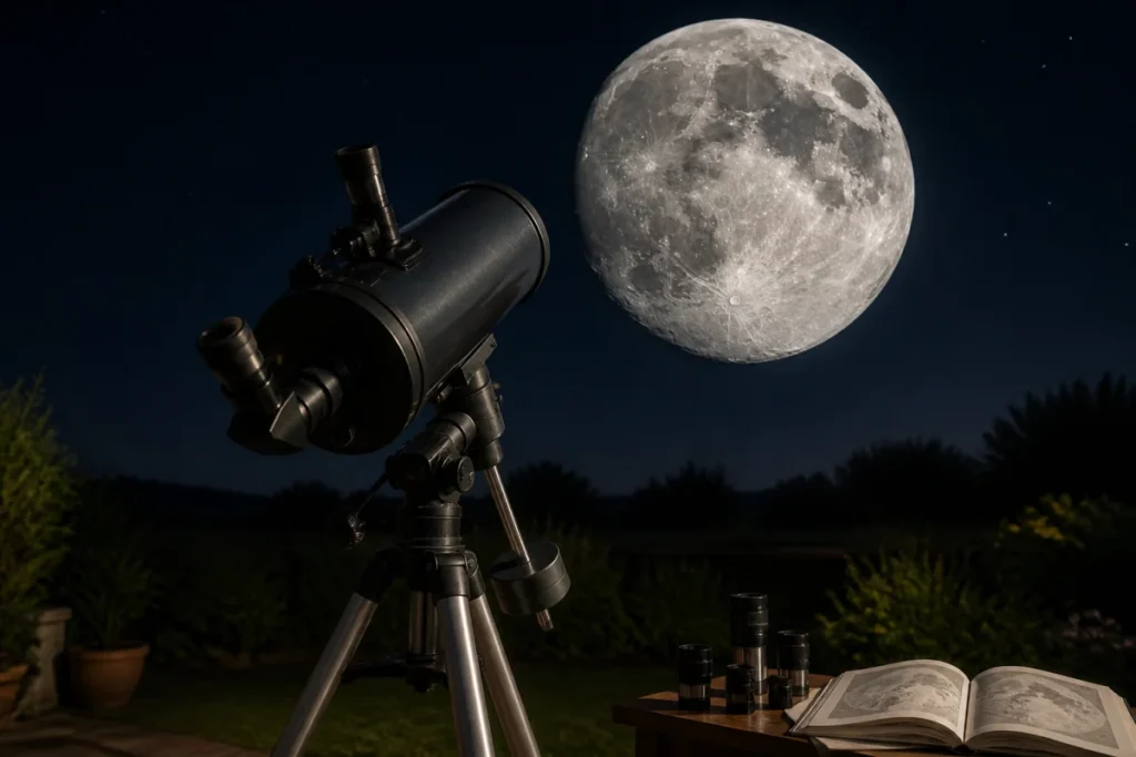 Télescope amateur pointé vers la Lune, révélant cratères, mers lunaires, reliefs montagneux et rayons brillants.
