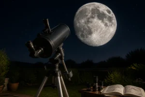 Télescope amateur pointé vers la Lune, révélant cratères, mers lunaires, reliefs montagneux et rayons brillants.