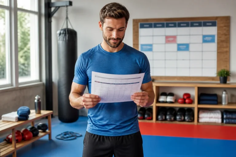 Débutant en sport de combat consultant son planning d’entraînement dans une salle lumineuse avec gants et tapis visibles