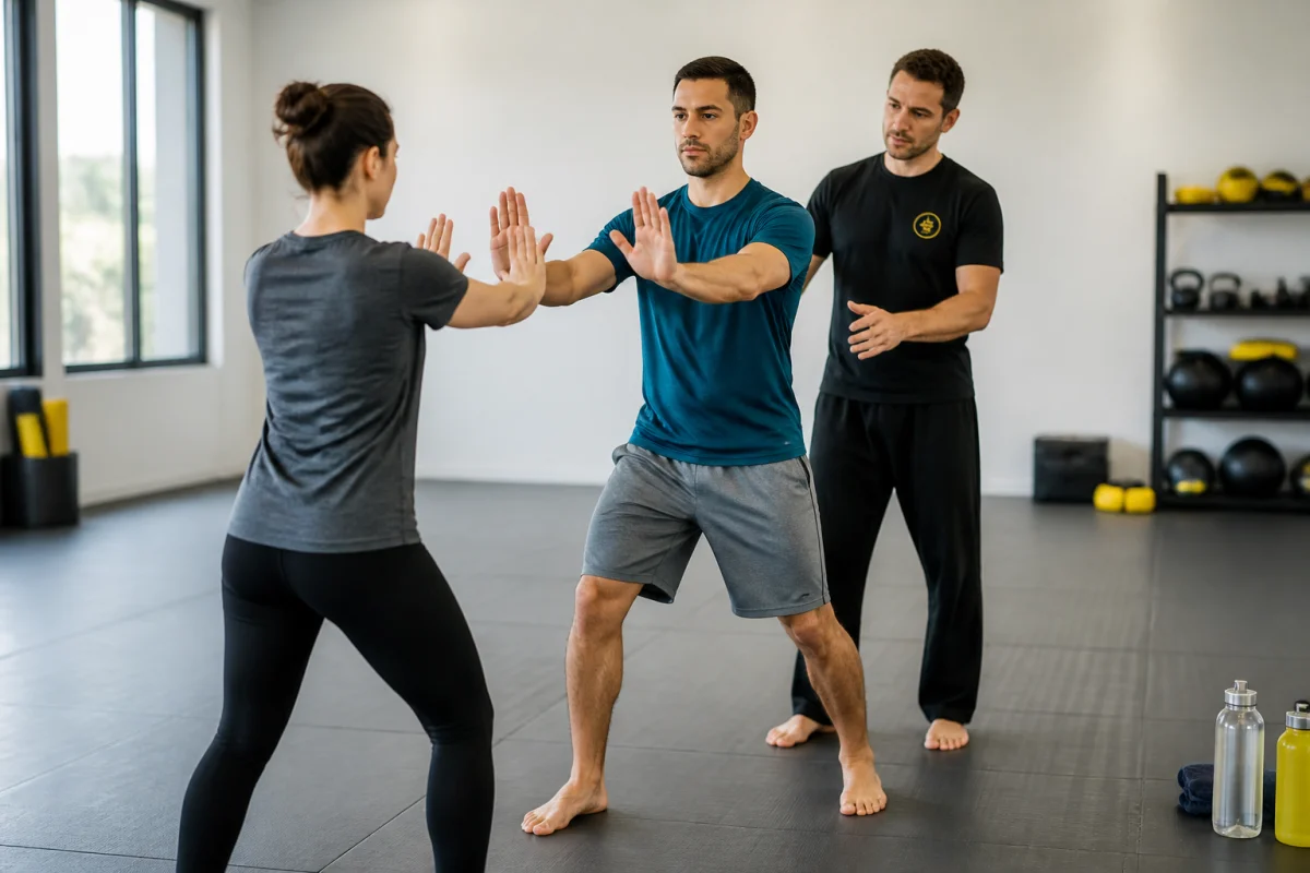 Débutant préparant son premier sport de combat avec un partenaire et un professeur dans une salle moderne