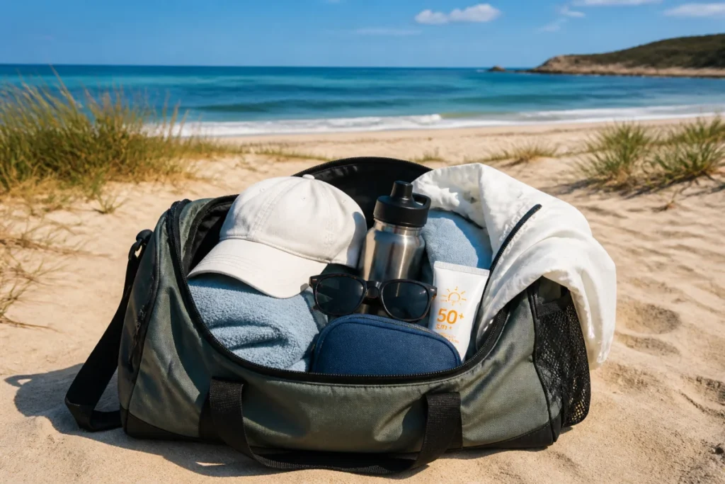Sac de sport ouvert avec accessoires essentiels pour préparer une sortie sport en plein air sur une plage ensoleillée