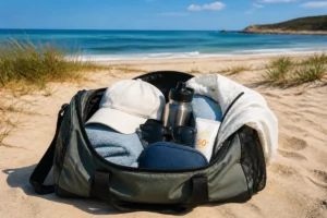 Sac de sport ouvert avec accessoires essentiels pour préparer une sortie sport en plein air sur une plage ensoleillée