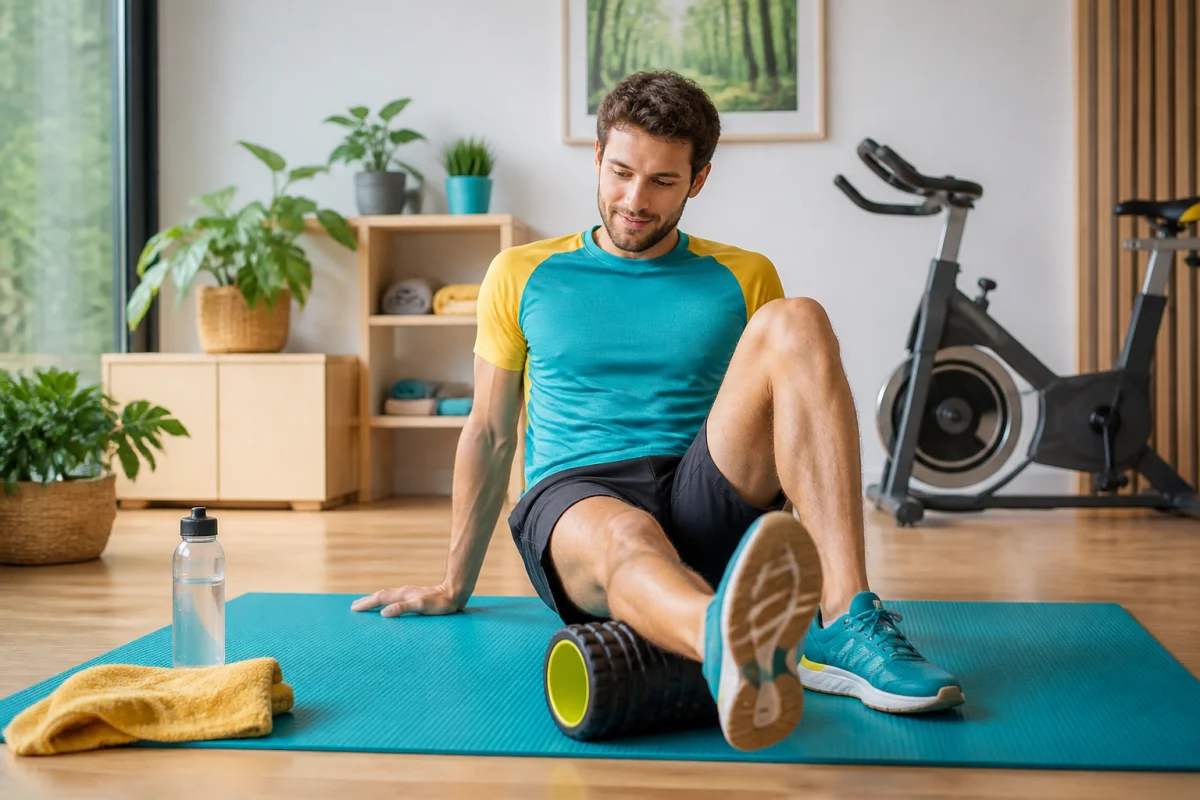 Sportif utilisant un rouleau de massage sur le mollet pour prévenir les courbatures après le sport