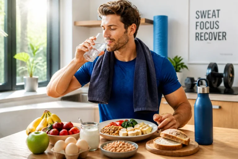 Sportif buvant de l’eau et préparant un repas équilibré pour prévenir les courbatures après le sport