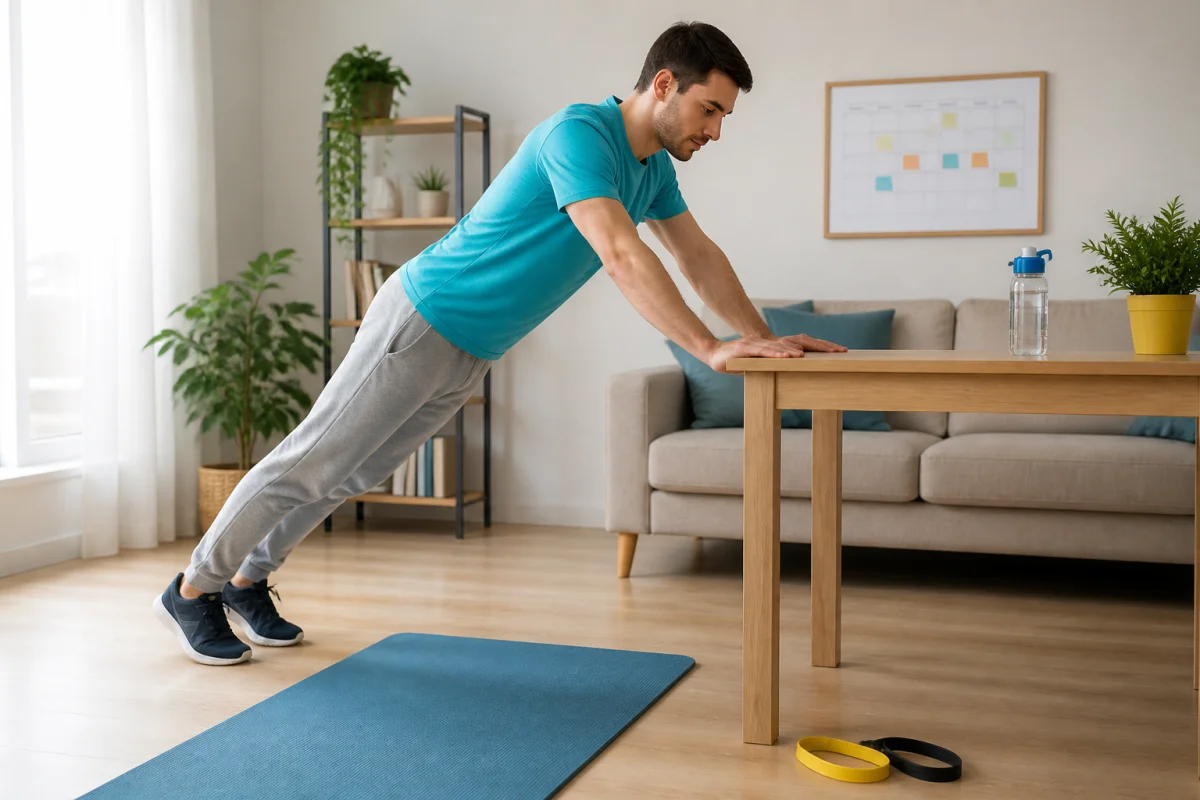 Débutant réalisant une pompe inclinée à domicile, avec tapis, bouteilles d’eau et élastique de musculation dans un salon lumineux