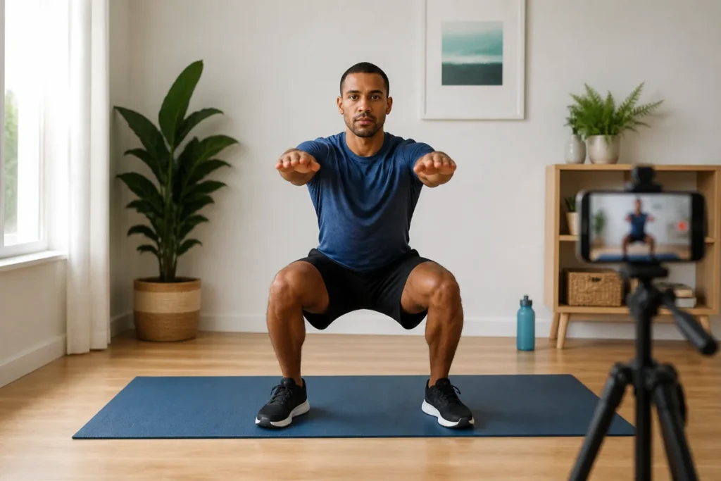 Débutant réalisant un squat au poids du corps sur tapis, posture correcte, dans un intérieur lumineux pour musculation à domicile
