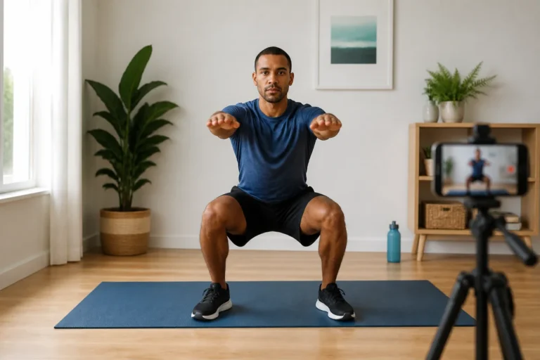 Débutant réalisant un squat au poids du corps sur tapis, posture correcte, dans un intérieur lumineux pour musculation à domicile