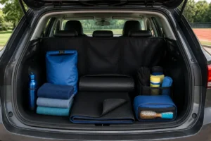 Kit de protection automobile organisé dans le coffre pour protéger sa voiture pendant le sport Erotiske