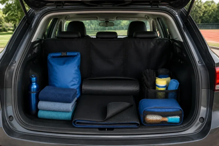 Kit de protection automobile organisé dans le coffre pour protéger sa voiture pendant le sport Erotiske