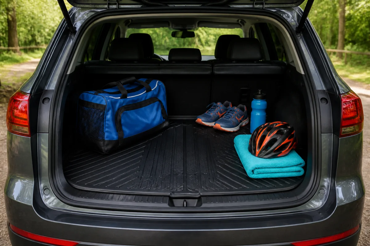 Tapis de coffre sur mesure protégeant la voiture avec sac de sport, chaussures et équipements sportifs dans un coffre ouvert