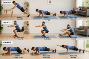 Adulte réalisant un renforcement musculaire à la maison avec pompe inclinée, squat assisté et gainage sur tapis