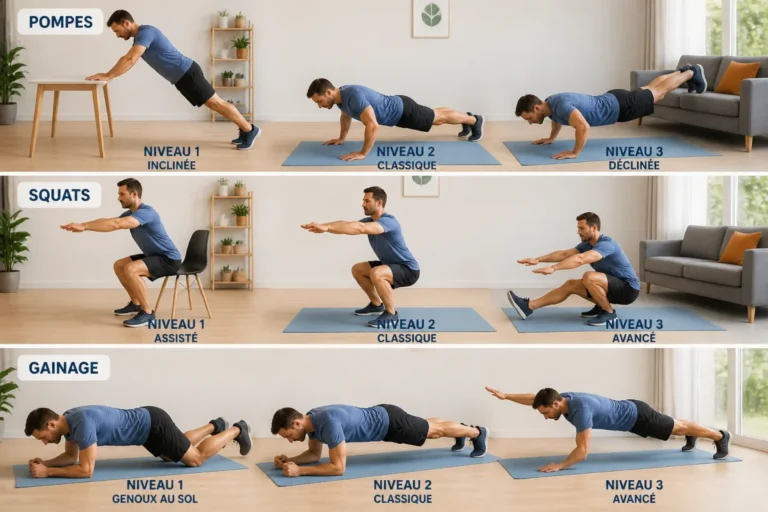 Adulte réalisant un renforcement musculaire à la maison avec pompe inclinée, squat assisté et gainage sur tapis