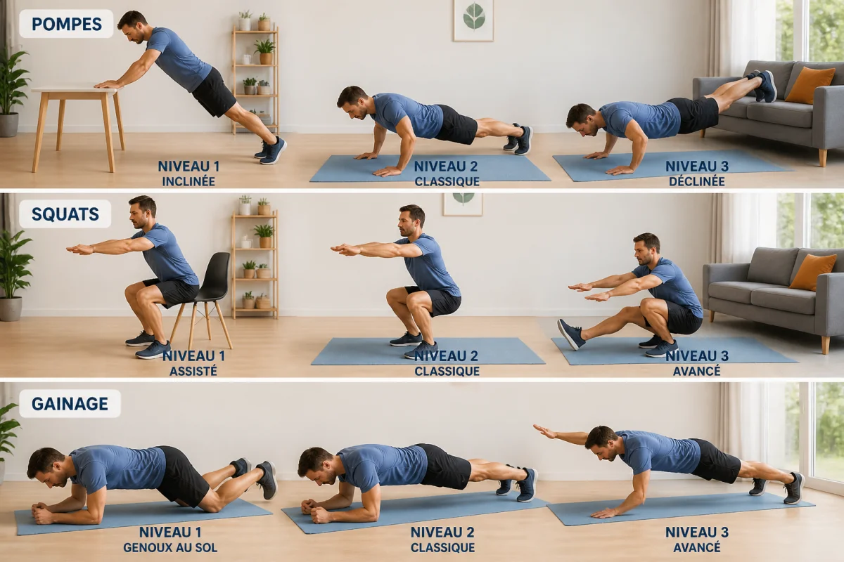 Adulte réalisant un renforcement musculaire à la maison avec pompe inclinée, squat assisté et gainage sur tapis