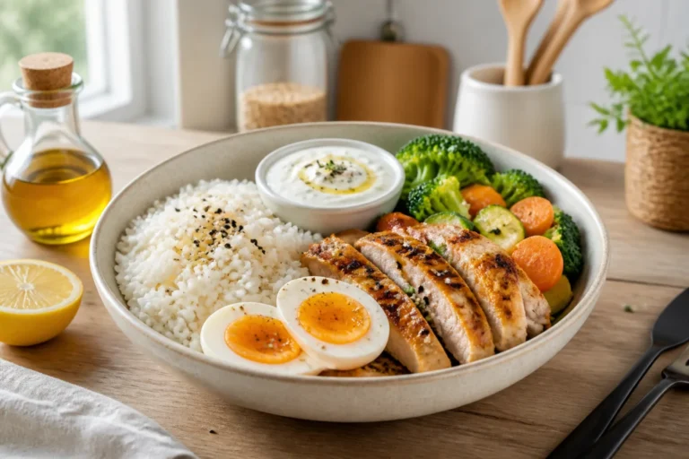 Bol complet pour un repas après entraînement, avec riz, œufs, poulet grillé, légumes et sauce au yaourt