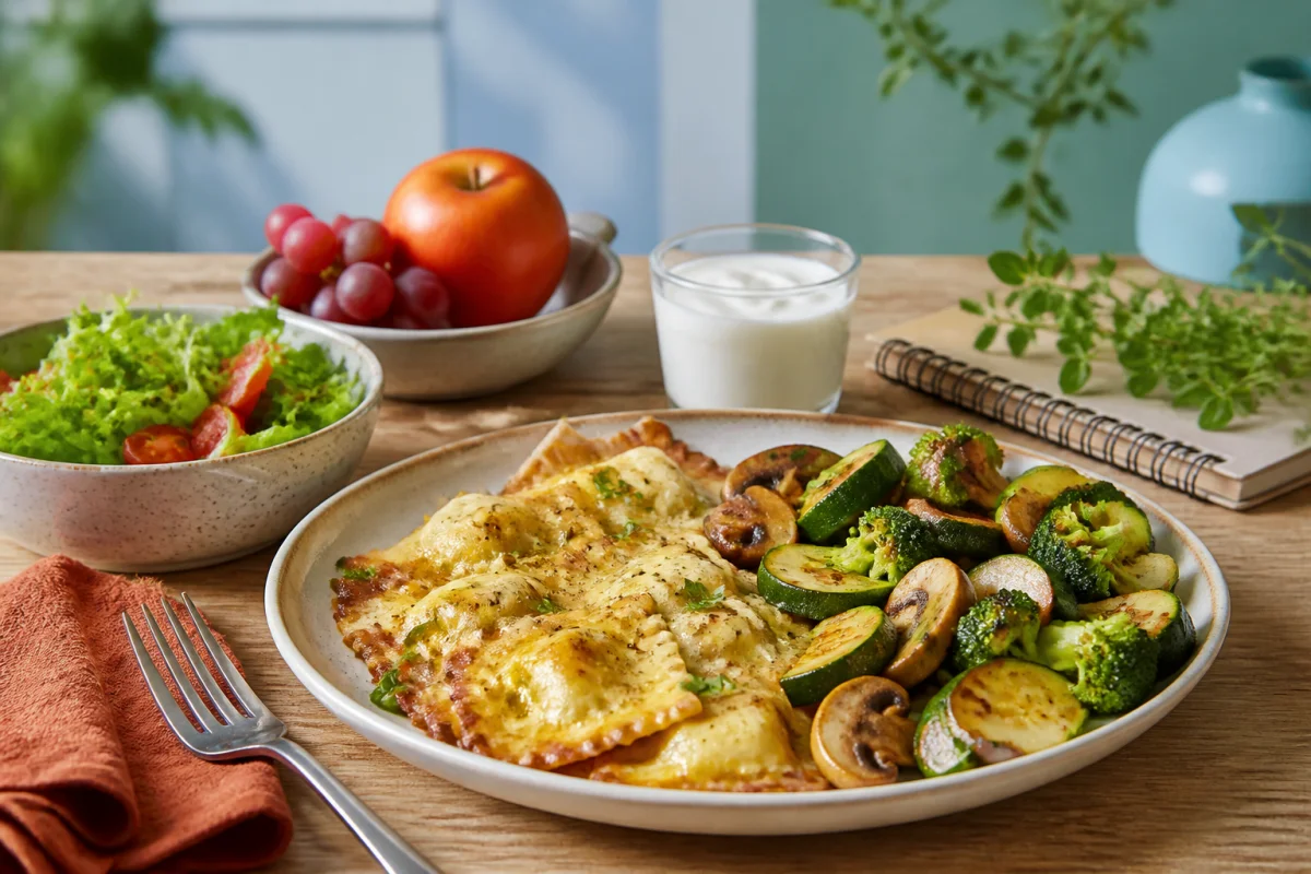 Repas après entraînement avec ravioles dorées au fromage, légumes poêlés, salade fraîche, fruit et yaourt nature.