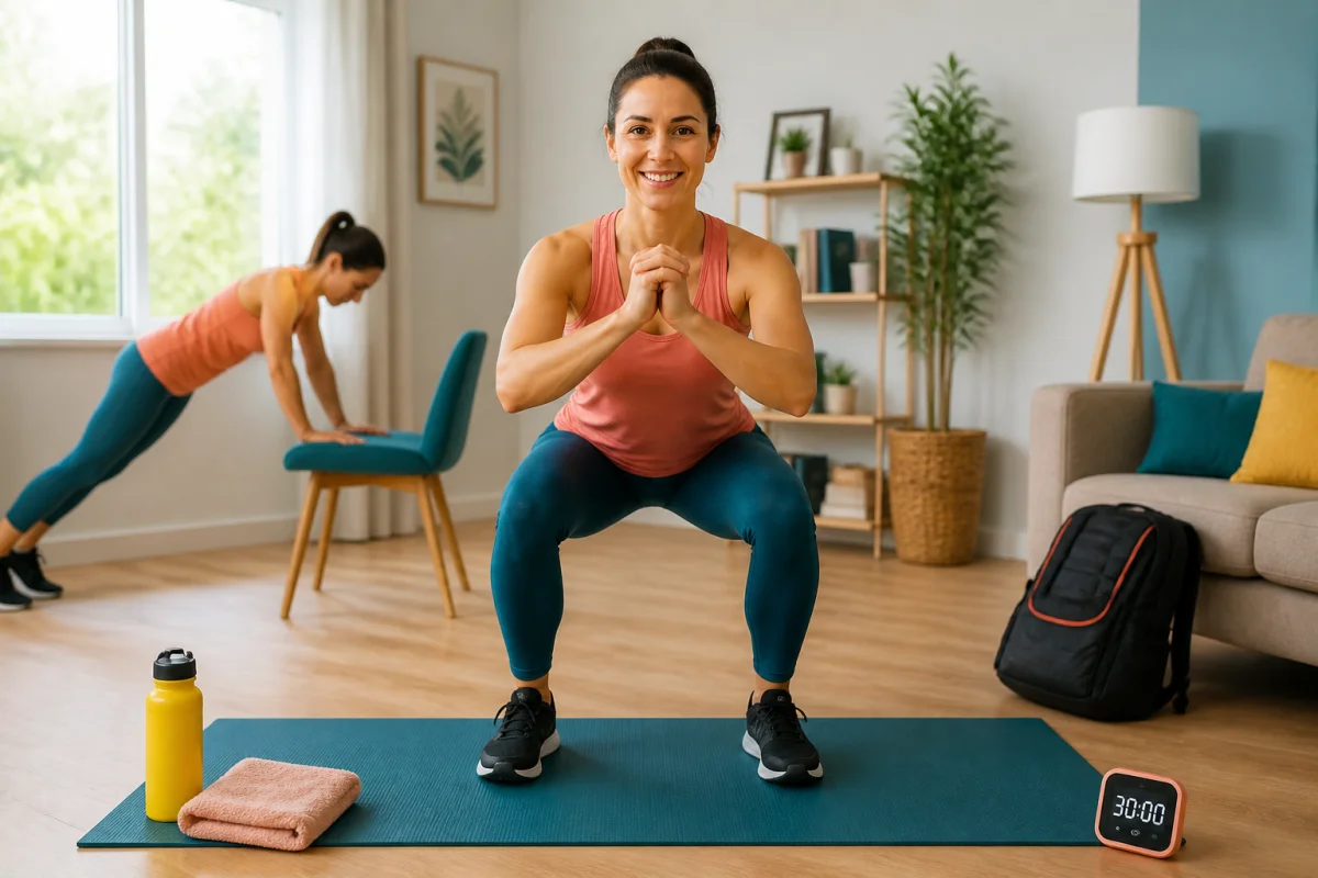Séance de renforcement musculaire à la maison : personne en squat sur tapis, accessoires sportifs et pompes en arrière-plan.
