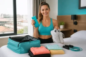 Voyageuse en tenue de sport préparant une routine sport en voyage avec élastique, chaussures et sac léger.