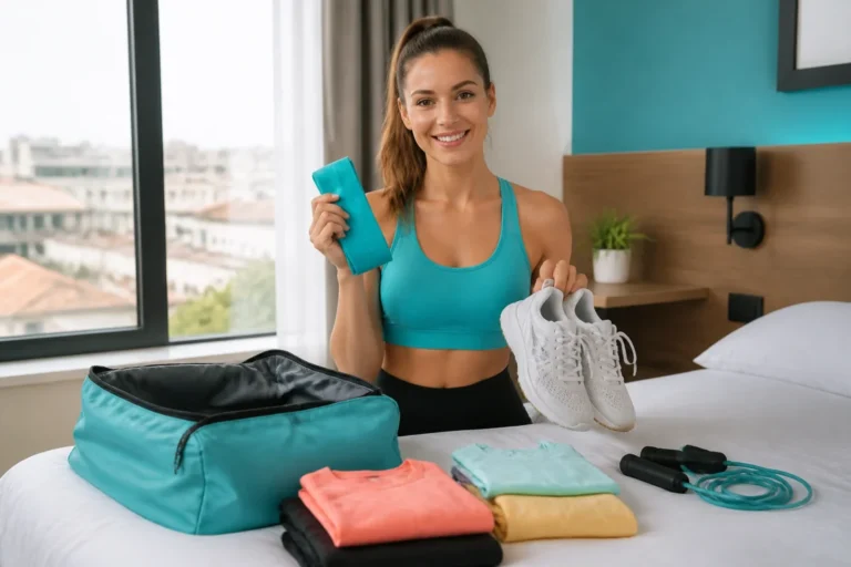 Voyageuse en tenue de sport préparant une routine sport en voyage avec élastique, chaussures et sac léger.