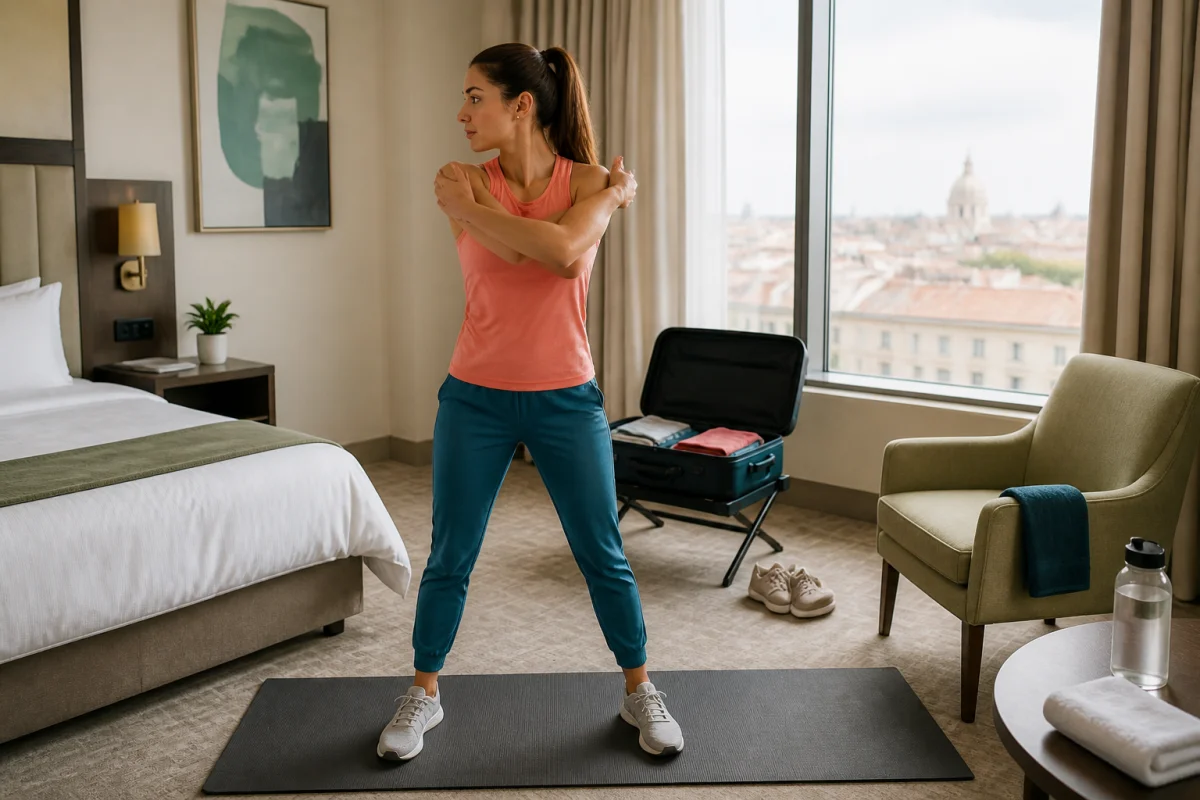 Voyageuse pratiquant une routine sport en voyage avec rotation thoracique dans une chambre d’hôtel lumineuse
