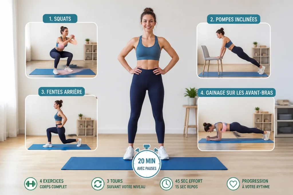 Routine sportive le matin à domicile avec squats, pompes inclinées, fentes et gainage sur tapis de sport
