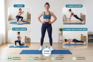 Routine sportive le matin à domicile avec squats, pompes inclinées, fentes et gainage sur tapis de sport