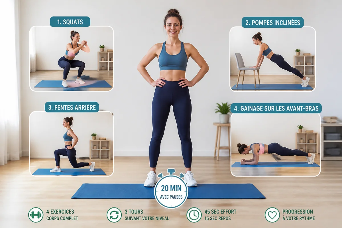 Routine sportive le matin à domicile avec squats, pompes inclinées, fentes et gainage sur tapis de sport