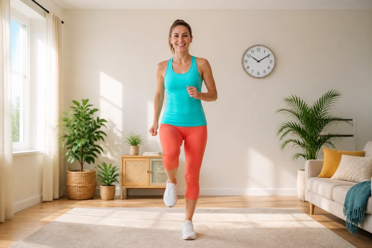 Adulte en tenue de sport réalisant une marche dynamique dans un salon lumineux pour une routine sportive le matin