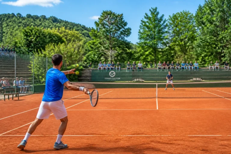 Match de tennis amateur sur court en terre battue au club Tennis Charly près de Lyon